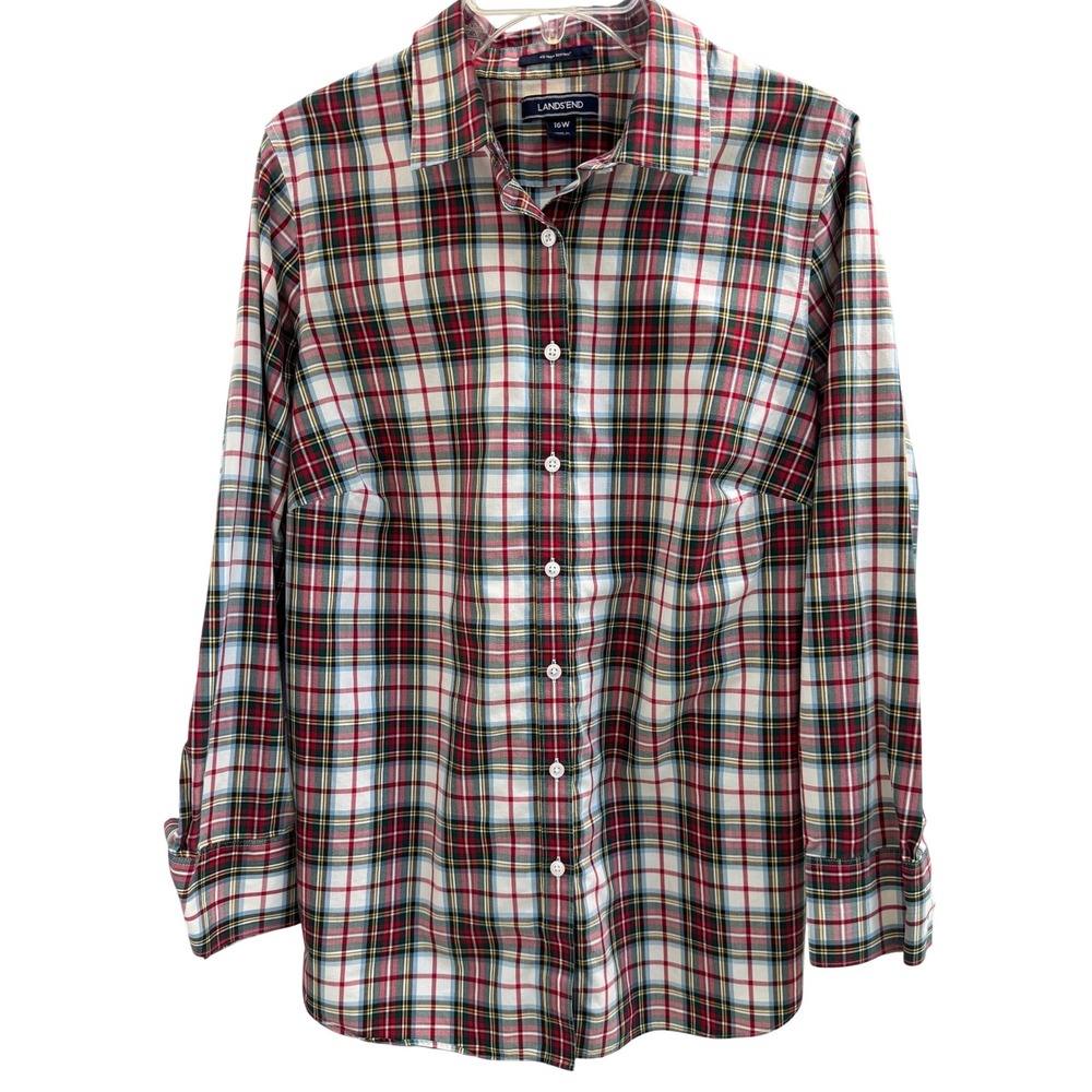 Lands End Button Down Shirt Womens 16W Red Plaid No Iron Supima Cotton Preppy